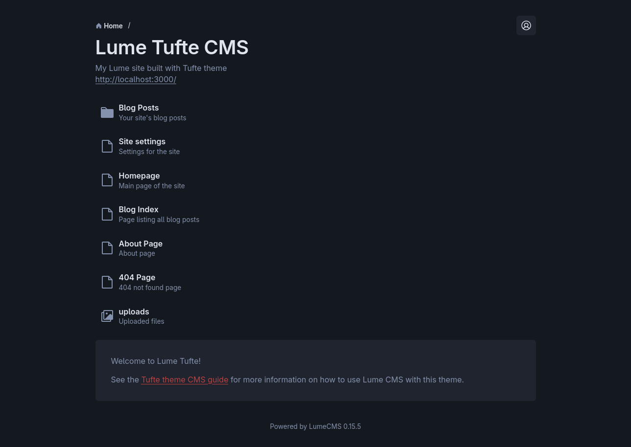 Screenshot of Lume CMS with the items 'Blog Posts', 'Site settings', 'Homepage', 'Blog Index', 'About Page', '404 Page', and 'uploads'