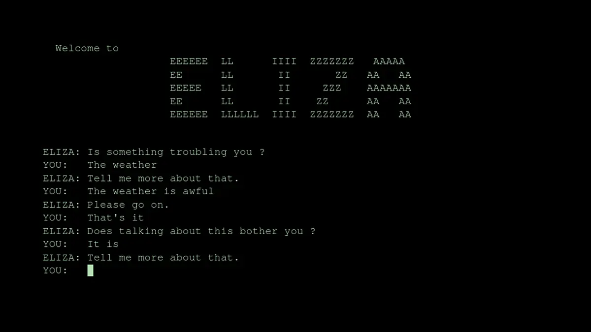 An example conversation with ELIZA on its original hardware