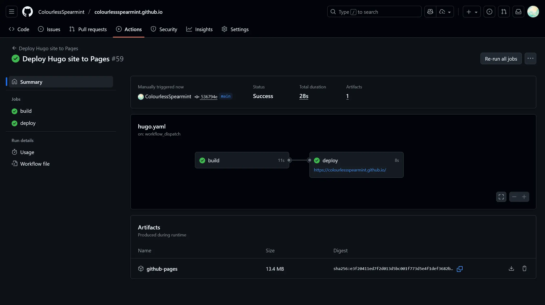 A screenshot of the GitHub Actions tab, showing a successful job titled ‘Deploy Hugo site to Pages’. The job took 28 seconds. The job has a build step and a deploy step. The job produced a 13.4 megabyte artifact titled ‘github-pages’.