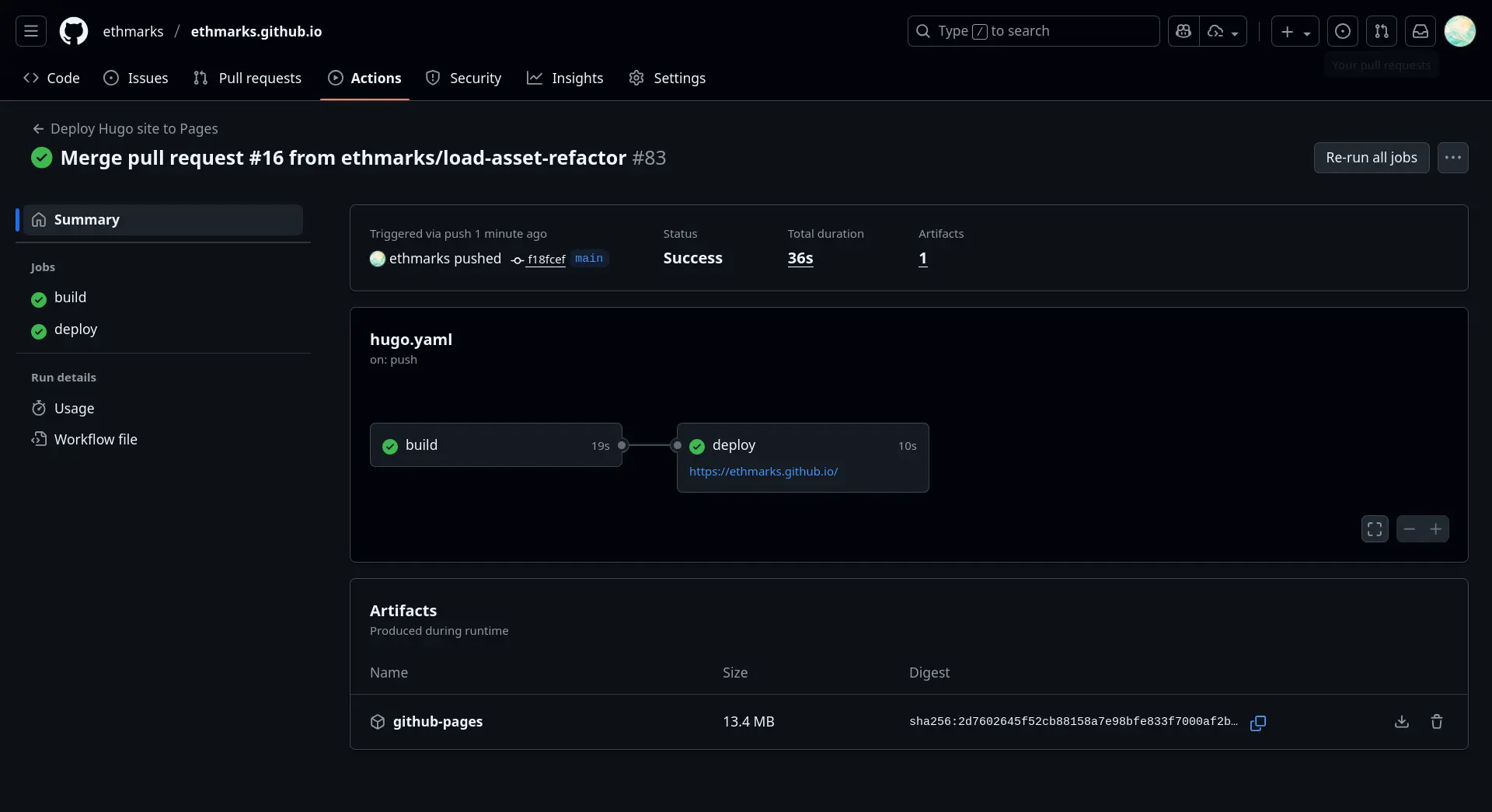 A screenshot of the GitHub Actions tab, showing a successful job titled ‘Merge pull request #16 from ethmarks/load-asset-refactor #83’. The job took 36 seconds. The job has a build step and a deploy step. The job produced a 13.4 megabyte artifact titled ‘github-pages’. A screenshot of the GitHub Actions tab, showing a successful job titled ‘Merge pull request #16 from ethmarks/load-asset-refactor #83’. The job took 36 seconds. The job has a build step and a deploy step. The job produced a 13.4 megabyte artifact titled ‘github-pages’.