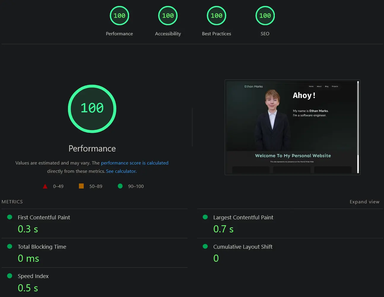 A Lighthouse analytic page showing 100 performance, 100 accessibility, 100 best practices, 100 SEO