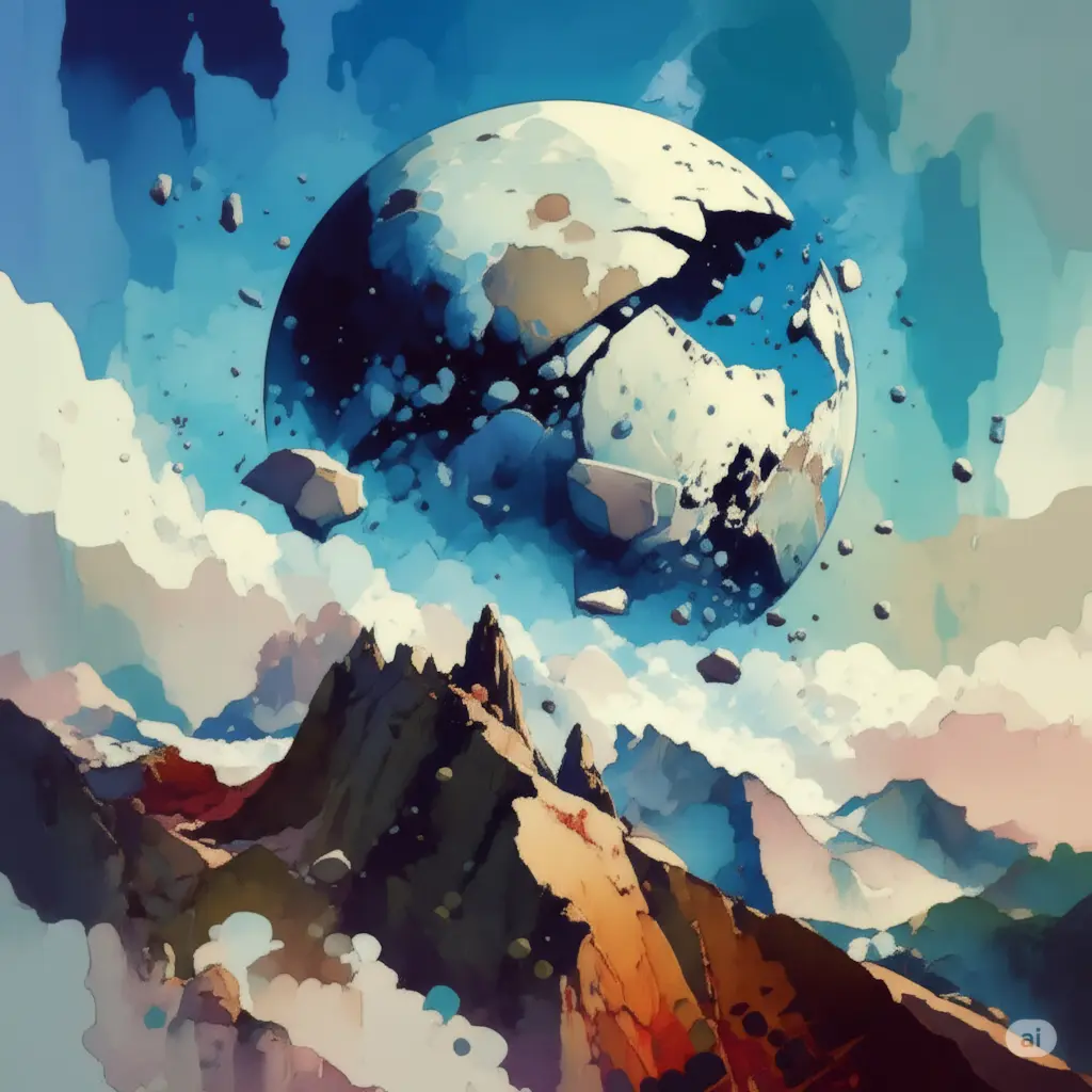 A watercolour painting of a shattered, broken moon hanging in the sky above craggy mountains, generated with Imagen 4